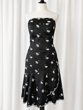 Helen Morley Vintage Black Floral Sequin Beaded Lace Strapless Cocktail Dress